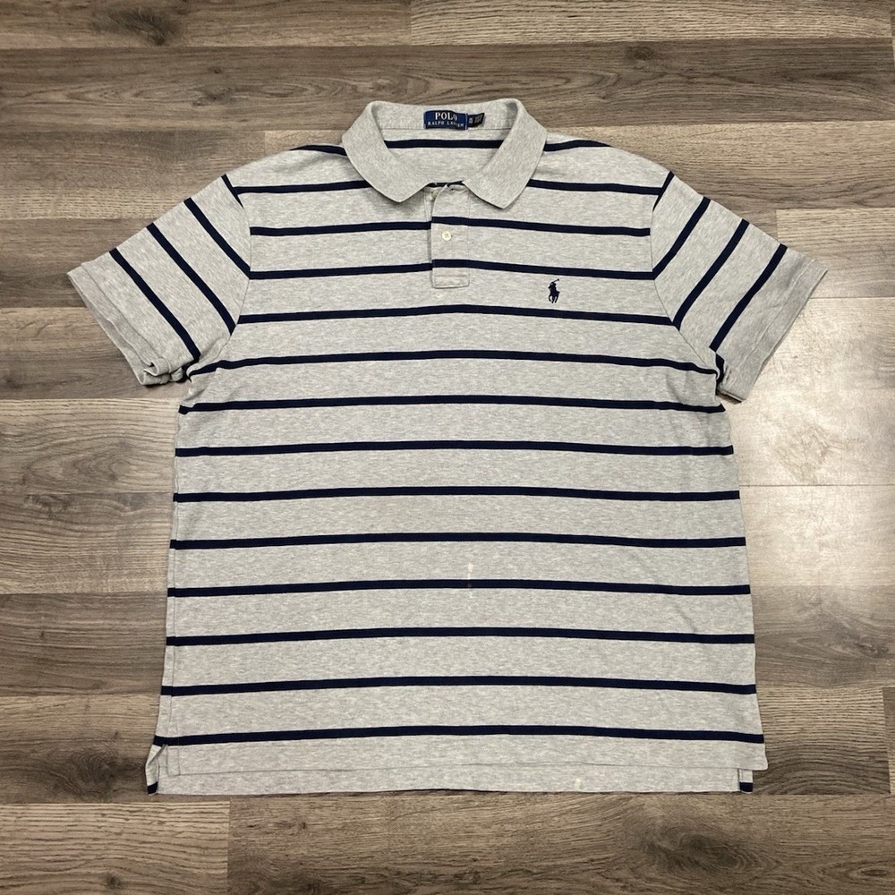 Polo Ralph Lauren Polo Shirt Size XL Gray Navy Blue Striped Embroidered Logo